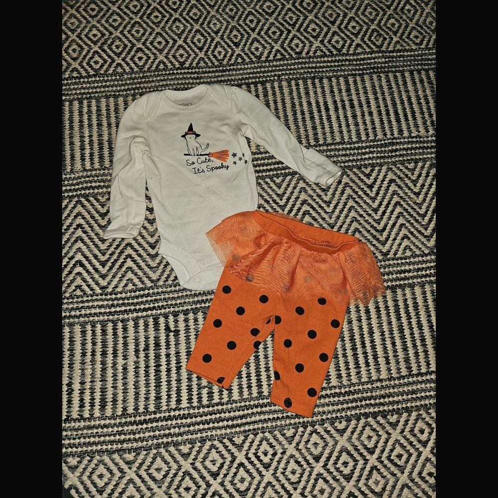 Carter's So Cute It's Spooky Cat Print Onesie + Polka Dot Tutu Pants NEWBORN